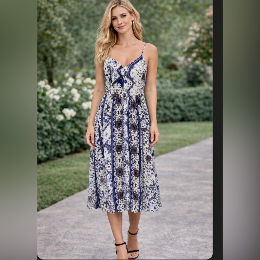 Jasse blue white floral Halter midi Dress Bohemian Festival Cottagecore XL